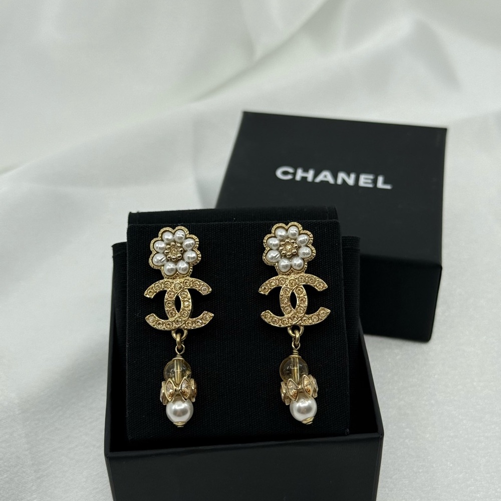 CHANEL Gold and Pearl Drop CC Logo Earrings